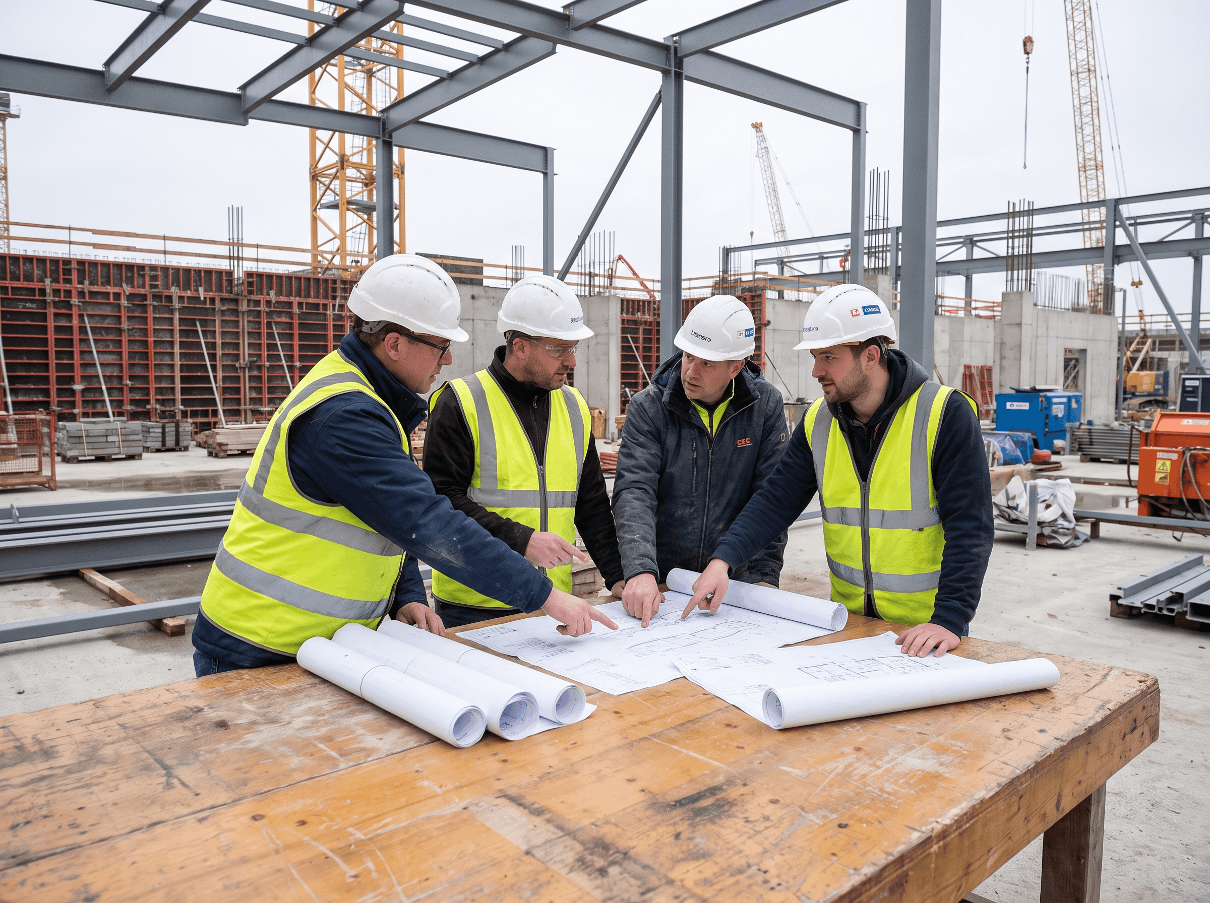 Bauleiter bei Planbesprechung auf der Stahlbau-Baustelle