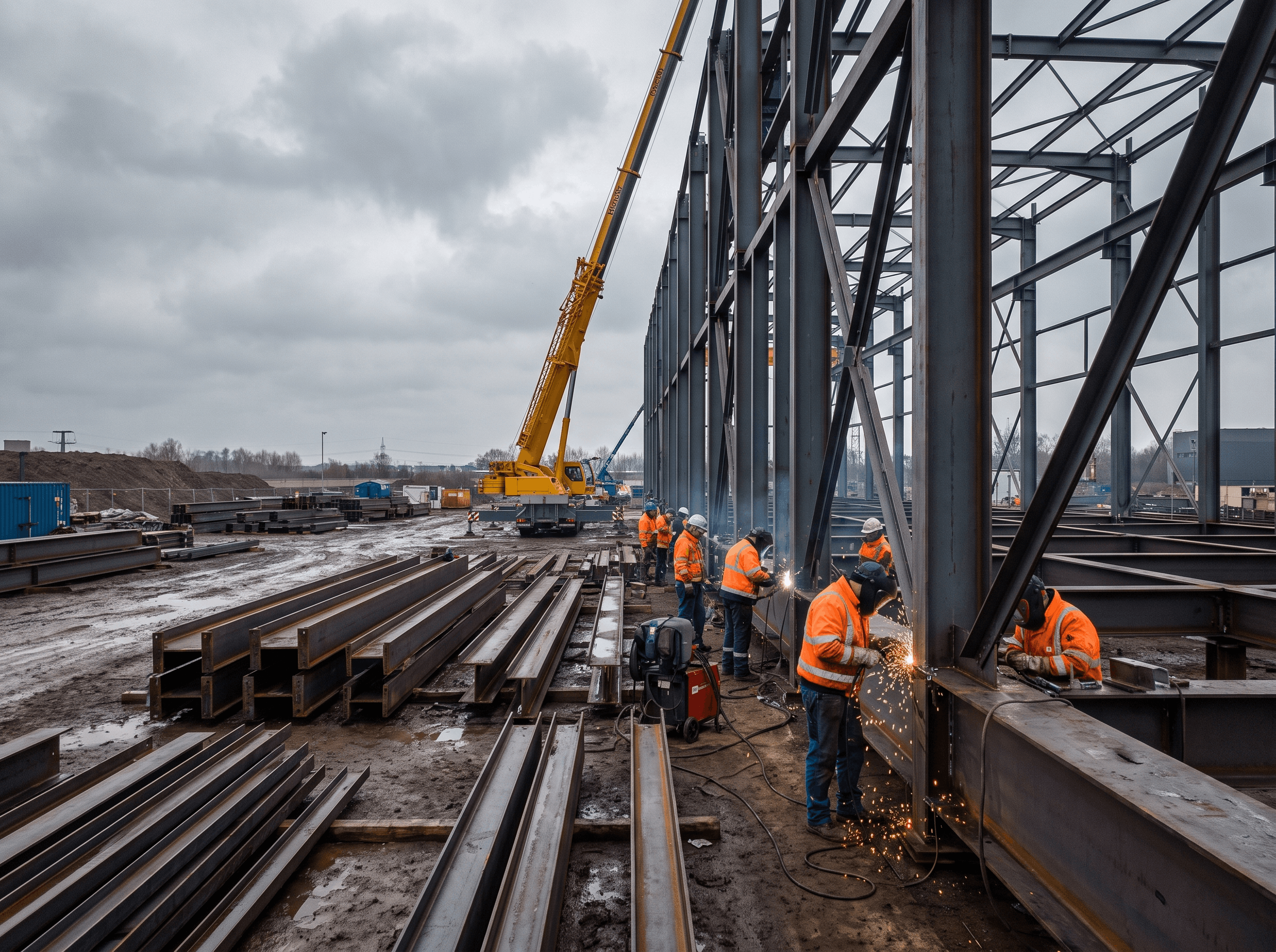 Schweißarbeiten bei Fernmontage einer Stahlkonstruktion auf der Baustelle
