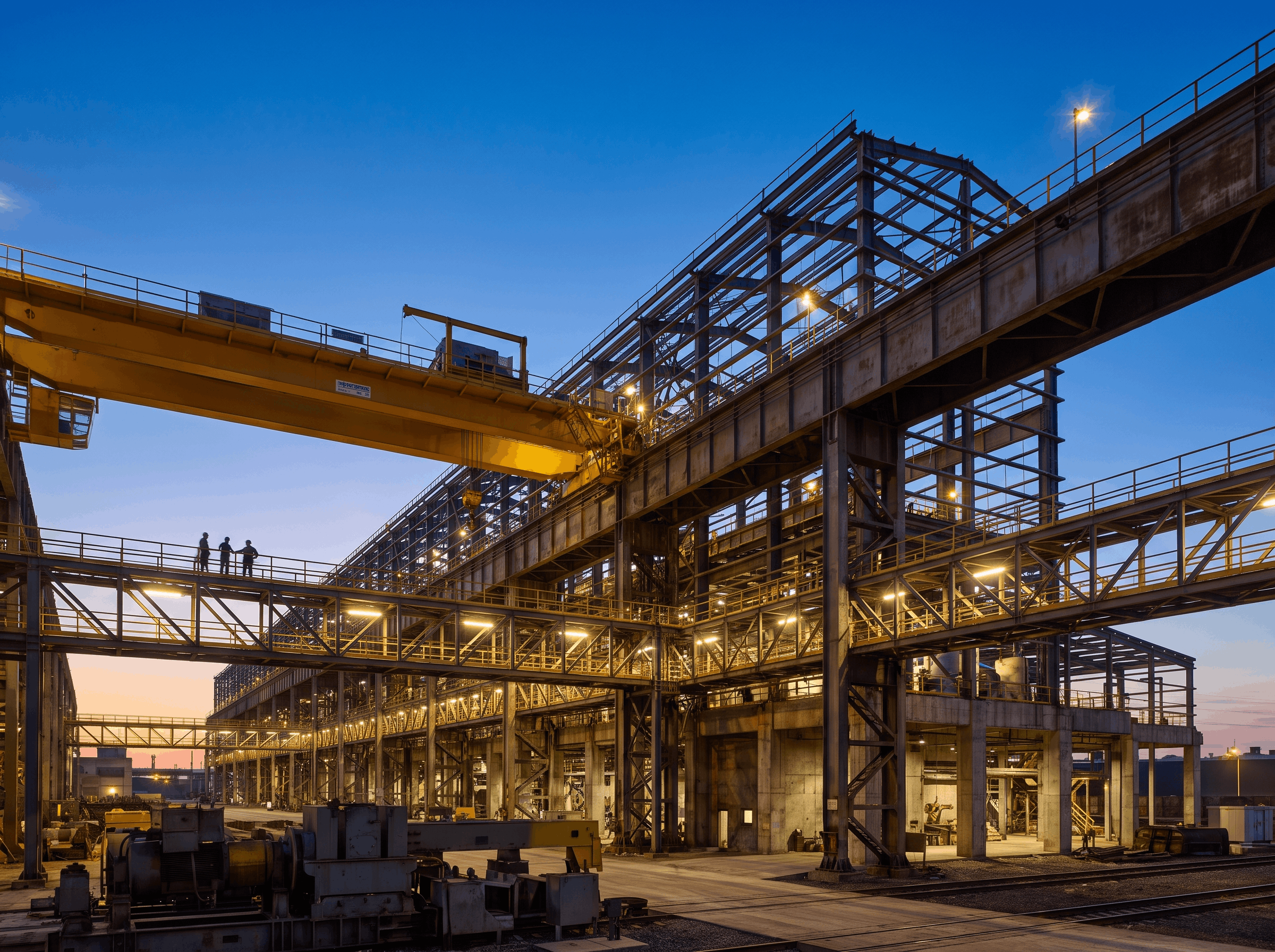 Montage einer Stahlbau-Industrieanlage in der Abenddämmerung